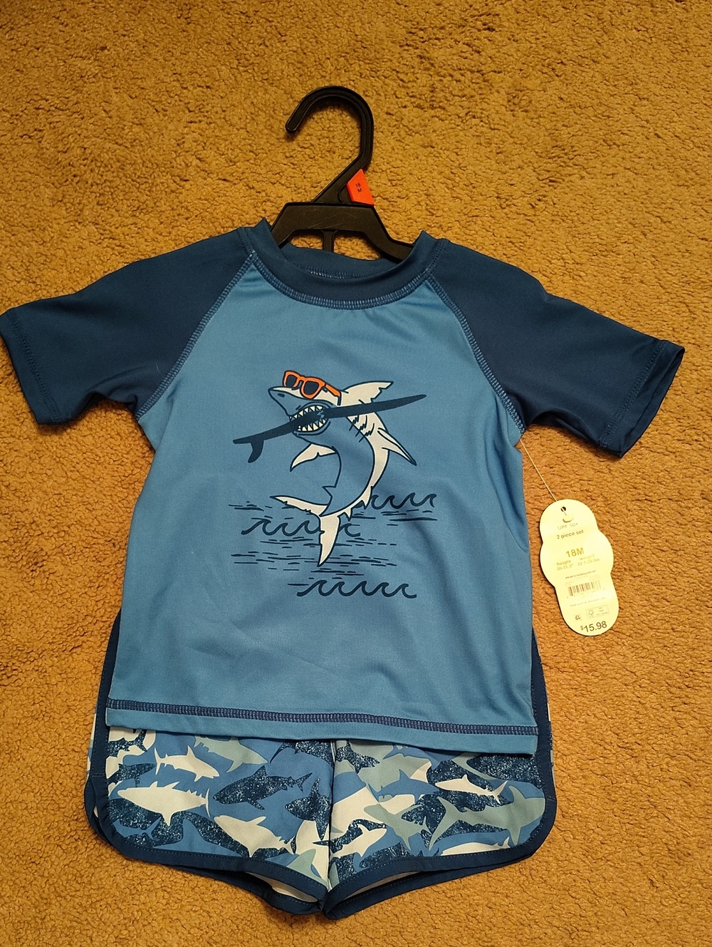 wonder nation Blue Shark Short Sleeve Rashguard Swim Set